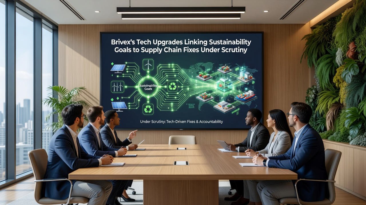Close-up of Brivex supply chain dashboard displaying sustainability metrics and logistics data during an audit review